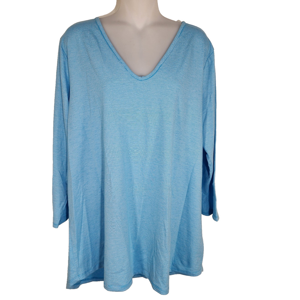 Lands End Womens Top Size XL 18 Knit 3/4 Sleeve Twist Back Keyhole V Neck Blue